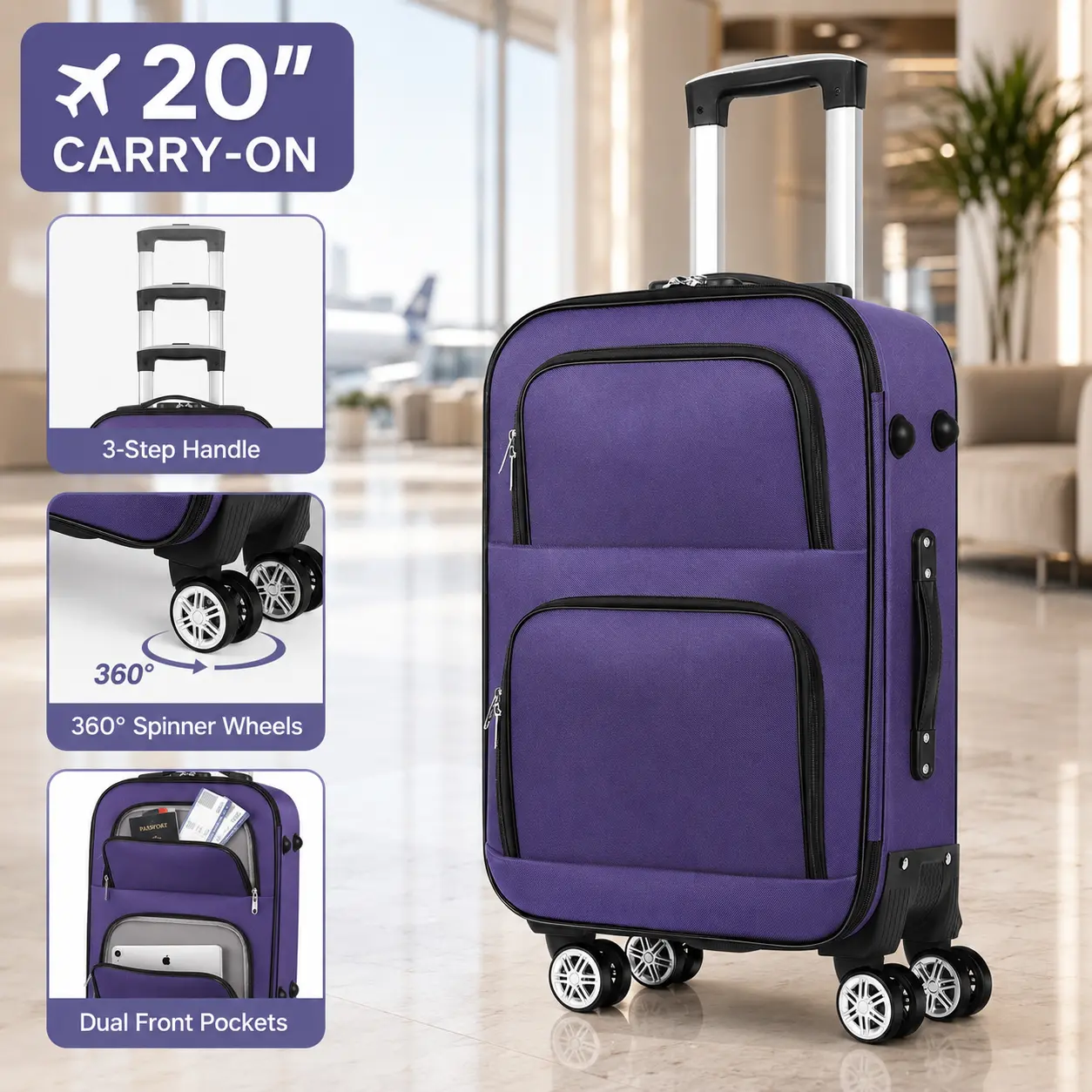 20 Inch Luggage with Wheels, Pull Handle and Front Zipper Pockets Softshell Luggage 20 Inch Luggage with Wheels, Pull Handle and Front Zipper Pockets Softshell Luggage
