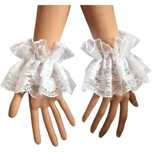 Women Ruffled Floral Lace Wrist Cuffs,Lolita  Hand Sleeves 1 Pair, White