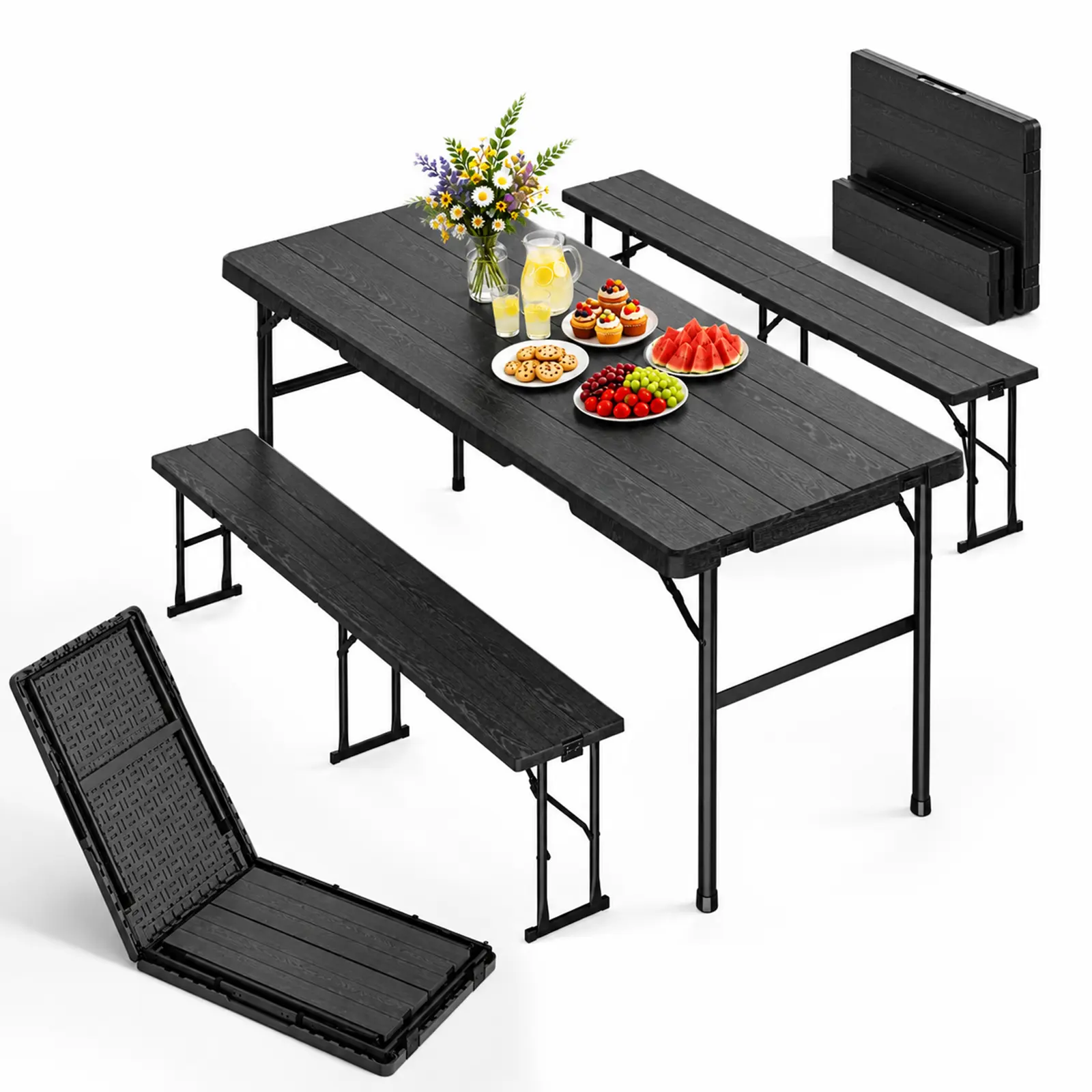 IWDOO 6FT Folding Picnic Table Set with 2 Benches, 3-Piece Portable Rectangular Patio Dining Table, Lightweight Outdoor Furniture for Camping, Backyard, Plastic Folding Tables Hdpe Lightweight