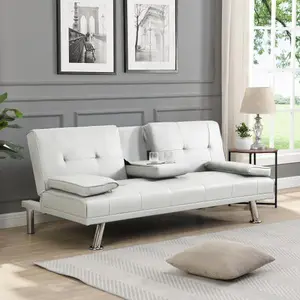 Sofa Bed with Armrest two holders WOOD FRAME, STAINLESS LEG, FUTON WHITE-W214104918