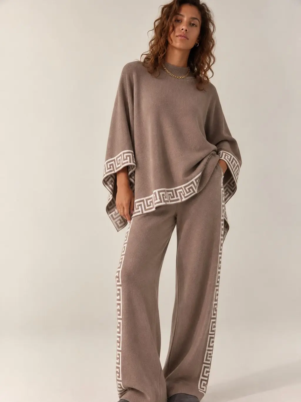 Women's 2-Piece Set Knit Matching Set, Greek Key Trim Oversized Poncho Top & Wide Leg Pants, Elegant Casual Lounge Outfit