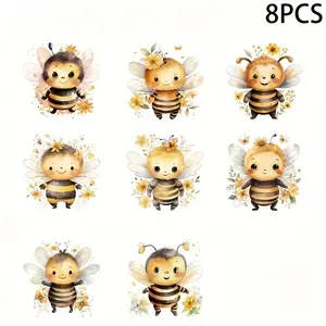 8pcs Cute Bee & Flower UV DTF Cup Stickers - Waterproof Vinyl Decals for DIY Crafts, Decorating Cups, Bottles, and School Supplies, Self-Adhesive Cartoon Designs with Pastel Colors, Irregular Shapes, Glass Surface Optimized, School Supply Stickers | Carto