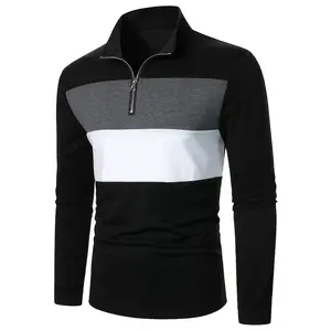 Men's Color Block Half-Zip Collared Fitted Striped Polo Top - Stretchy Polyester, Casual, Machine Washable - Ideal for Spring & Autumn Menswear