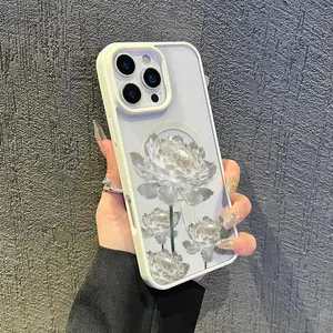 White Transparent Roses Magnetic TPU for IPhone Case: Drop-proof Design for Added Protection,phone Case Suitable for Iphone 11/12/13/14/15/16/17 Pro Promax Plus Air and Samsung S22/S23/S24/S25 Plus Ultra Fe