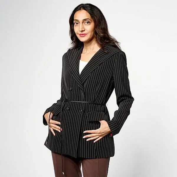GREY by Jhoan Sebastian Grey Grey by Jhoan Sebastian Grey Double-Breasted Pinstriped Hooded Blazer
