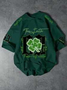 Men's Summer Trendy Four-Leaf Clover Print Short Sleeve T-Shirt, Perfect for Daily, Street Style, Saint Patrick's Day
