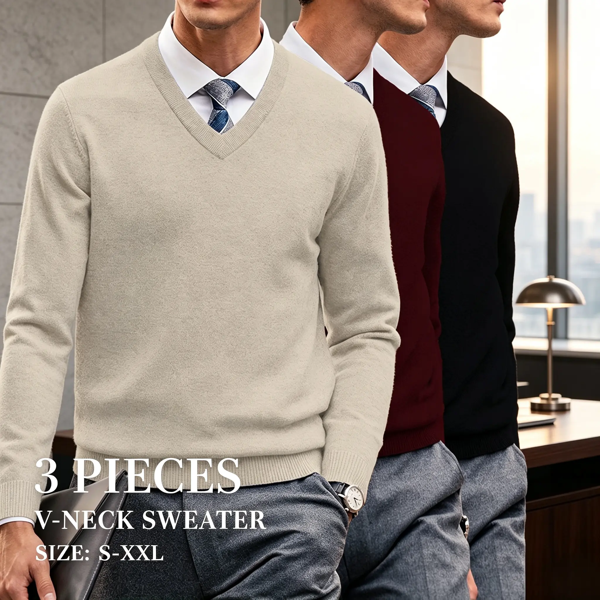 Men's 3 Pack V Neck Knitted Jumper, Long Sleeve Solid Pullover, Office Business Casual Knit Layering Tops S-XXL