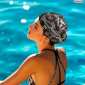 Leopard Print Fabric Swim Cap for Women, Stretchy Pleated Swimming Cap for Long Hair and Large Head Size, Soft Elastic Bathing Cap with Snake Pattern for Pool, Shower, Spa and Daily Swim Training