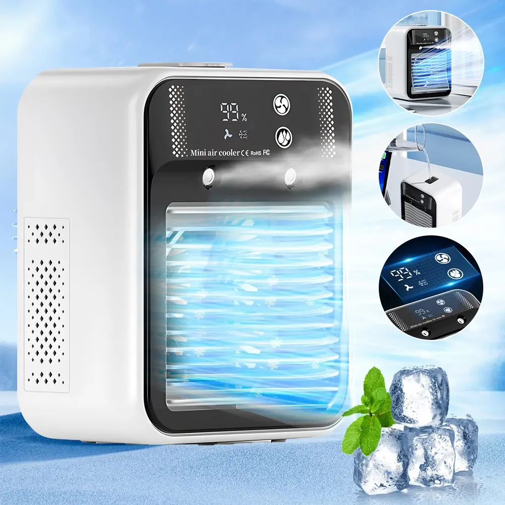 2026 New Desktop Air Conditioner Fan 2 Wind Speeds + 2 Atomization Modes (Continuous or 5s On/5s Off) Large LCD Display for Camping Dorm Home Office