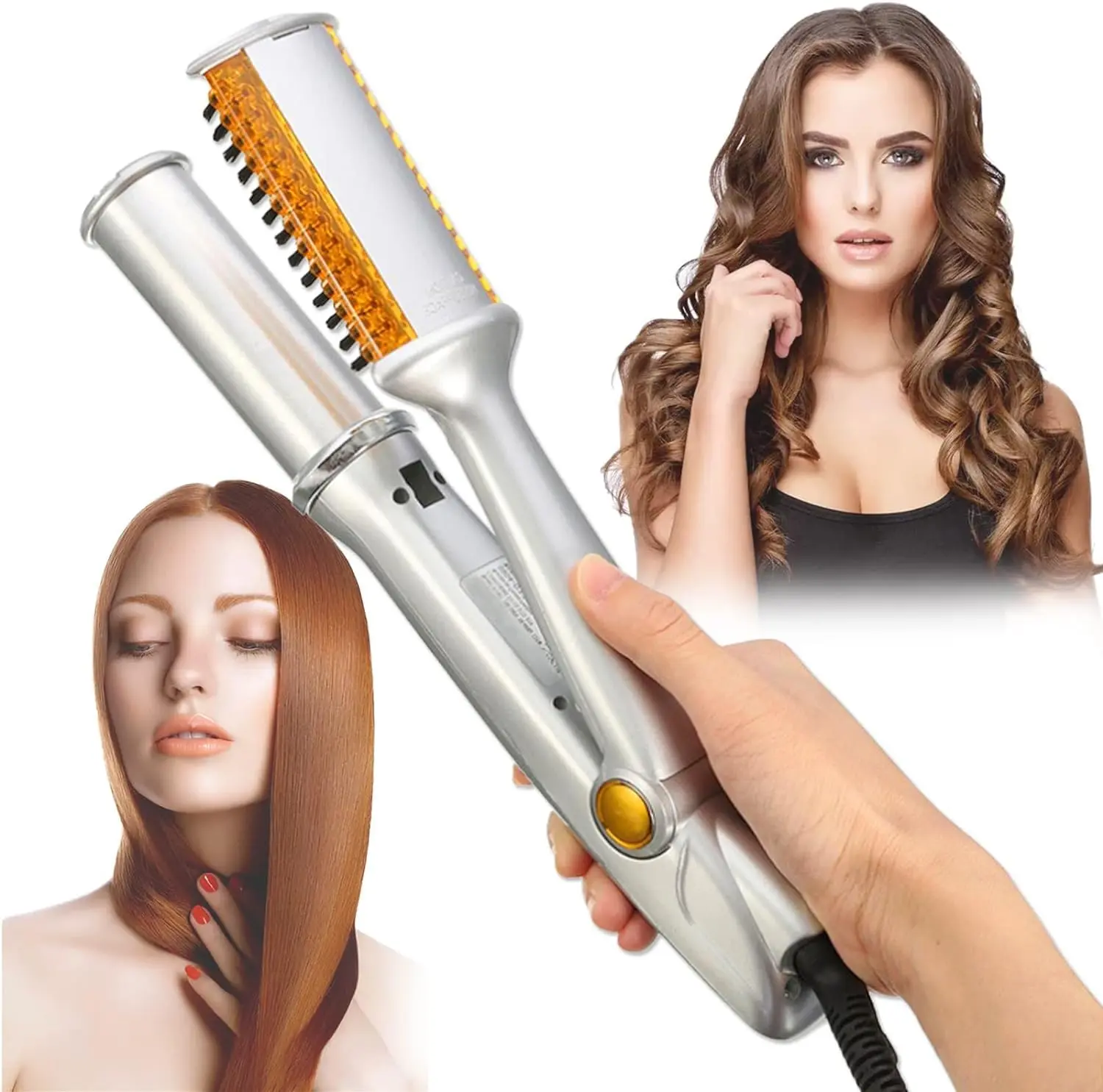CESTVEEL Dual Function Hair Iron with Comb Teeth - 2-in-1 Straightener & Curler, Wet-Dry Portable Travel Styling Tool for All Hair Types (Gold), Hair Styling flat iron