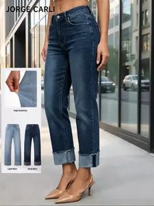 JORGE CARLI  Women's High-Waisted Wide-Leg Jeans, Nine-Inch Slim Fit Denim Jeans with Frayed Hem Design, Stylish and Comfortable Fashion