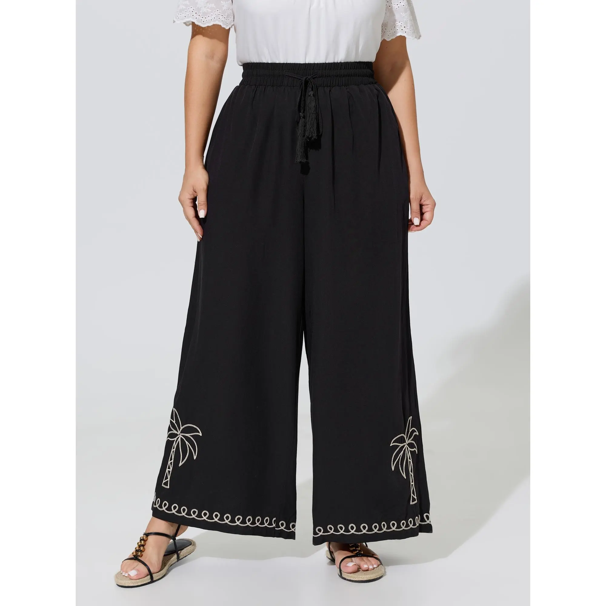 BloomChic Women's Plus Size Palm Embroidery Tassel Drawstring Wide Leg Pants - Rayon Fabric Bottoms with Pocket, Flattering Fit, Size M-6X, 2026 Summer Finds, Smooth, Garment