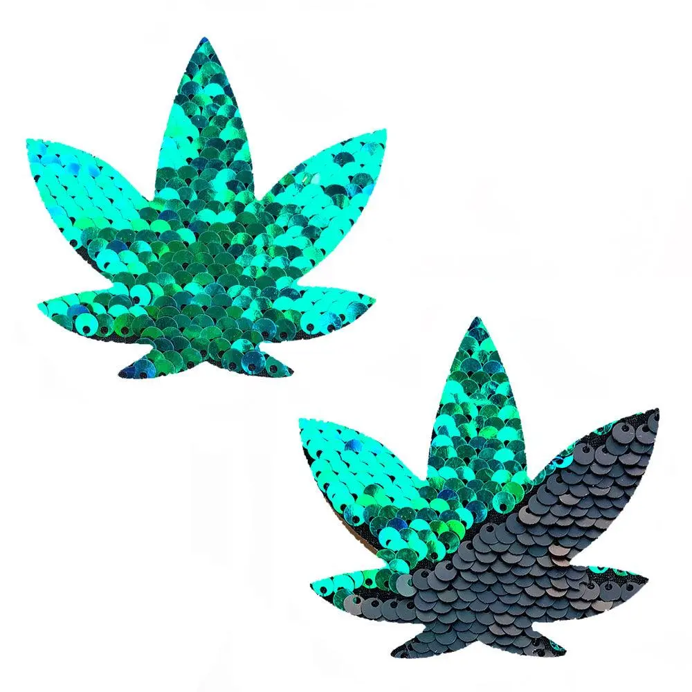 Neva Nude Green to Black Flip Sequin Weed Leaf Pasties - Multi