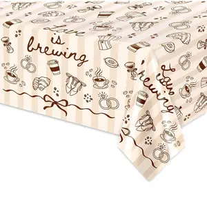 2D Flat Party Tablecloth 1pc, Love Is Brewing Polyester Tablecloth, Ideal for Coffee, Wedding, Birthday, Anniversary Decorations