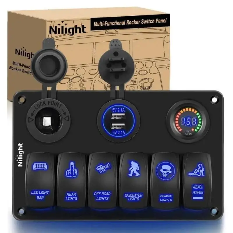 Nilight 6-Gang Aluminum Laser LED Illuminated Blue ON/OFF Rocker Switch Panel for Trucks, Boats - Non-Wi-Fi Cord Switches, Dual USB Charger, Voltage Monitor, Screws, Lighter Compatibility, for Led Lights, Offroad Lights, Charging Needs