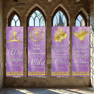 4 Pcs Religious Banners, Polyester Material Purple Watercolor Gold Foil Christian Church Banners Spanish Bible Verse Design Easter Religious Celebration Decor Indoor Home Worship Space Wall Hanging Flags