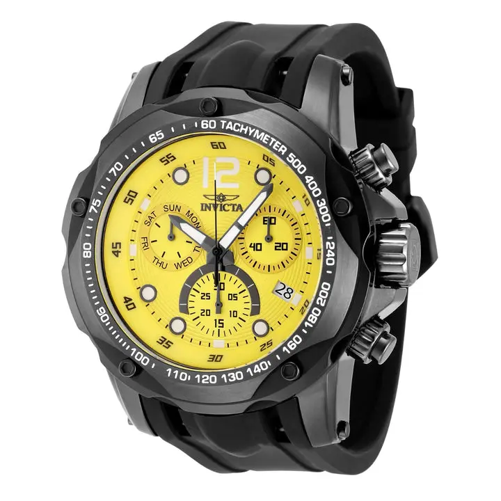 Invicta Speedway Yellow Dial Men's 51mm Swiss Chronograph Watch Black Gunmetal Case Tachymeter Bezel Day and Date Triple Subdial Black Silicone Sport Strap Racing Style Oversized Bold Statement 50m Water Resistant Push Crown Buckle