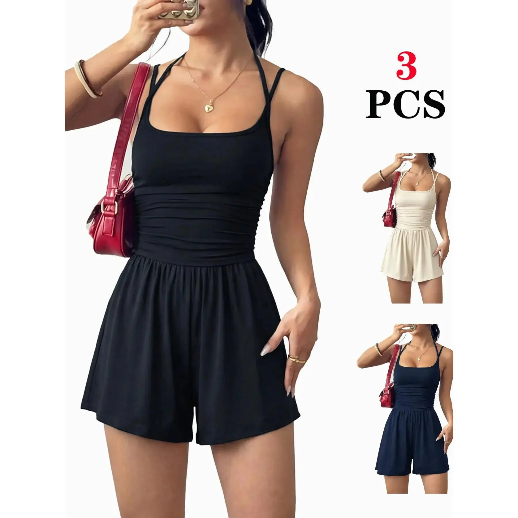 Classic Women's Elegant Backless One-Piece Romper, Spaghetti Strap Smocked Bodice, Slim Fit Casual Jumpsuit for Cocktail Party, Bridesmaid, Night Out, Coord Set, One Piece, Modern Classic Comfortable Stretchy Relaxed