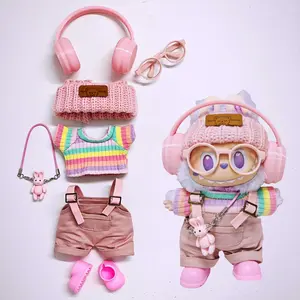 17cm doll Clothes Set 7 Pcs  doll Outfit Set  Cool Style Accessories for 17cm Dolls Clothing-Sweater+Cool Overalls+Bear pendant+Shoes+earphone+Glasses+Head circumference