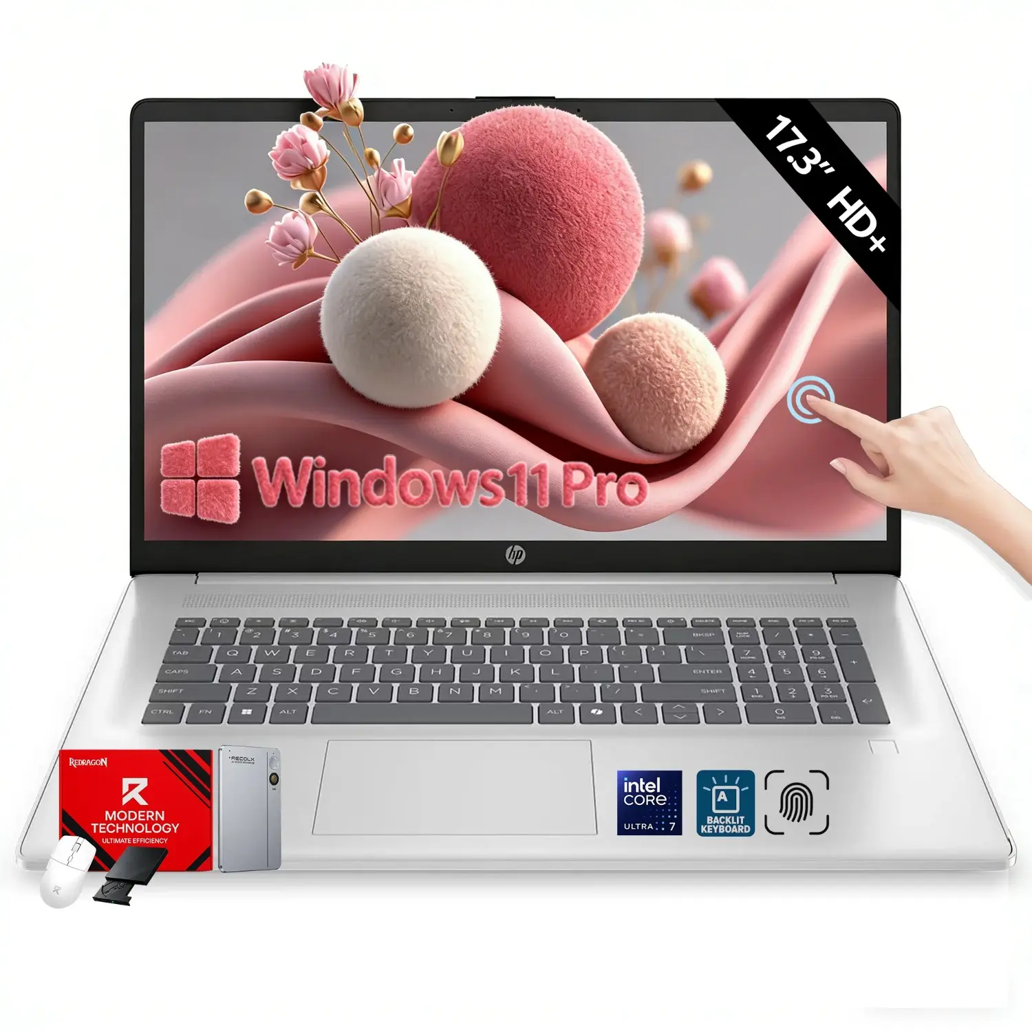 HP 17.3" HD+Touchscreen Laptop Computer, Intel Core Ultra 7 255U, 8GB RAM, 512 GB, Win 11 Pro,Silver Touch Backlit Fingerprint,w/ Accessories