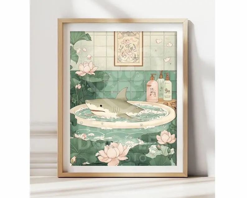 Shark In Bathtub Bathroom Poster Japanese Wall Art Funny Sea Animal Print Neutral Japandi Decor Quirky Coastal Minimalist Ocean Art