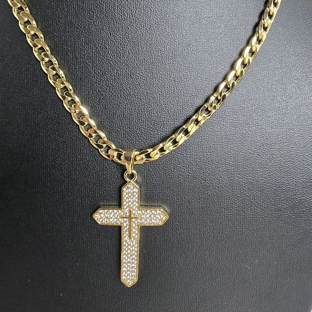 Men's 14k Gold Plated Chain with Cross Pendant High Quality Cunana Stile Necklace