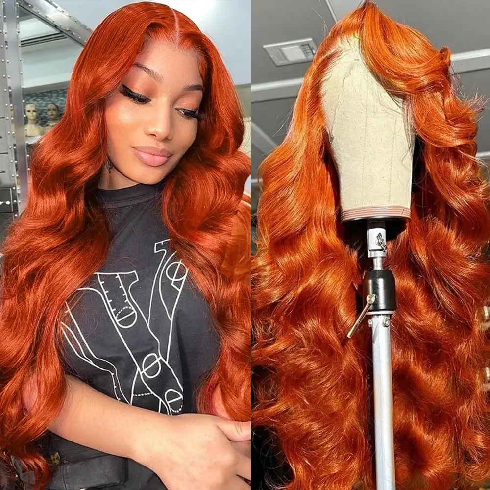 Ginger Orange 30 Inch Lace Front Wigs Human Hair Body Wave Wavy 13x6 HD Lace Front Glueless Ginger Wig Human Hair 180% Density Transparent HD Lace Frontal Wigs Pre Plucked Hairline