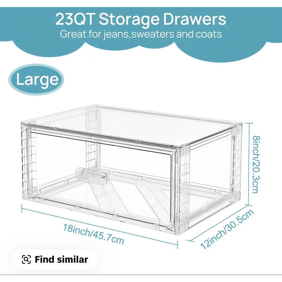Clear Acrylic Storage Drawers - 23QT Large Drawer for Jeans Sweaters and Coats 18x12x8 inches