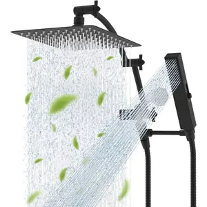 All Metal CUPC Certified 10 Inch Rainfall Shower Head Combo, Dual Shower Heads with High Pressure 4-Spray Handheld Shower Wand, 16 Inch Adjustable Extension Arm, 71 Inch Hose & Shower Holder, Matte Black