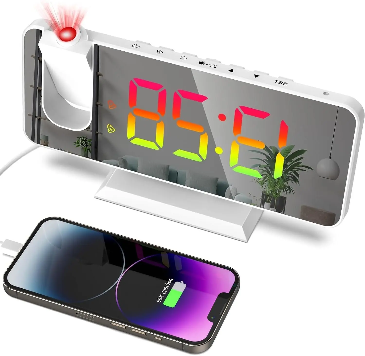 180° Rotating Ceiling Projection Alarm Clock with RGB Mirror Dual Dimmable Display for Bedroom (White)