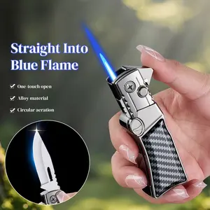 Folding Knife Lighter, Windproof Direct-Injection Lighter, 2-In-1 Lighter, Metal Portable Outdoor Lighter, Gas-Filled Lighter, Suitable For Outdoor Adventure, Camping, Barbecue, Kitchen, And Aromatherapy, Men's Gift (Butane-Free).