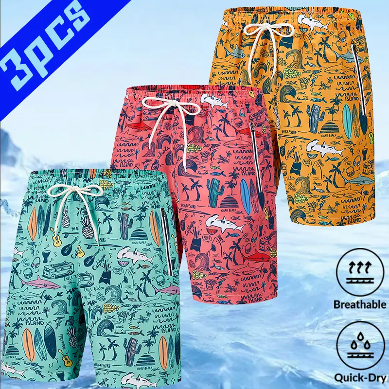 3-pack men’s island ocean print quick-dry beach shorts—Hawaiian vacation trendy casual style. Lightweight, breathable quick-drying fabric that feels cool and doesn’t trap sweat when wet. Elastic drawstring waistband for easy adjustment and a comfortable f