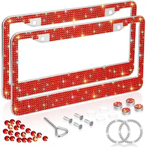 Bling License Plate Frames for Women 2 Pack, Rhinestone  License Plate Cover with  Washer Caps Univerasl Bling  Accessories for Girls (Red)