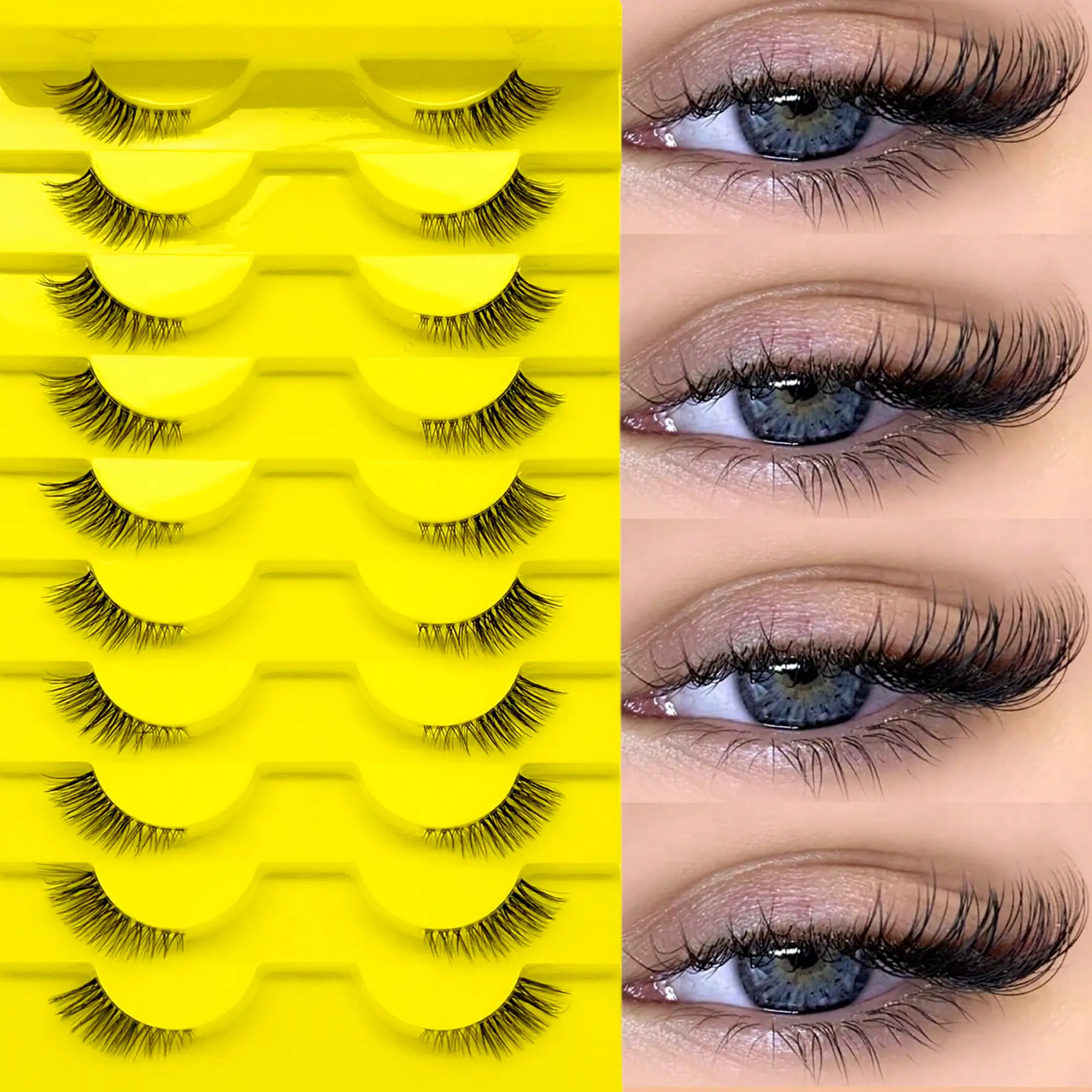 10 Pairs Natural Realistic Fluffy Half-Curl Cat-Eye False Eyelashes, Cosmetic Makeup False Lashes, Soft Reusable Waterproof Strip Lashes for Daily Wear & Parties
