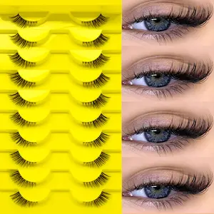 10 Pairs Natural Half-Curl Cat-Eye False Eyelashes, Cosmetic False Lashes, Soft Reusable Waterproof Strip Lashes for Daily Wear & Parties