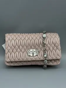 Pre-owned miu miu Leather Crossbody Bags Matelassé Crystal Clutch Bag Pink | Nappa Rhinestone Shoulder Bag