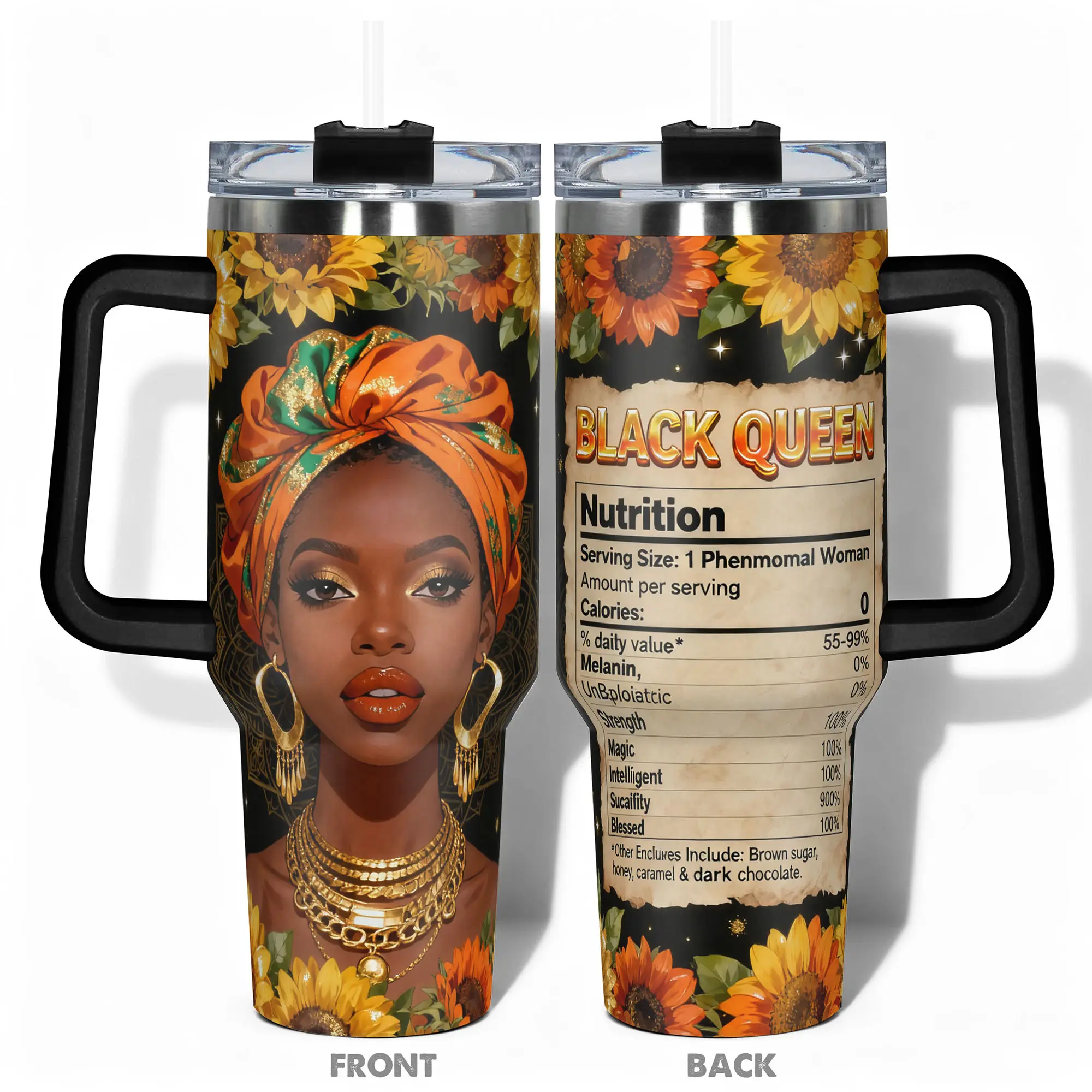 1pc Stainless Steel Cup 40oz/30oz/22oz/20oz/14oz Water Bottle, Drinkware Tumbler, Funny Design With Black Queen Sunflower Double Wall Insulated Double-layer insulation Leakproof Large Capacity, Needed for Gym, Hiking, Travel Ideal Birthday Christmas Gif