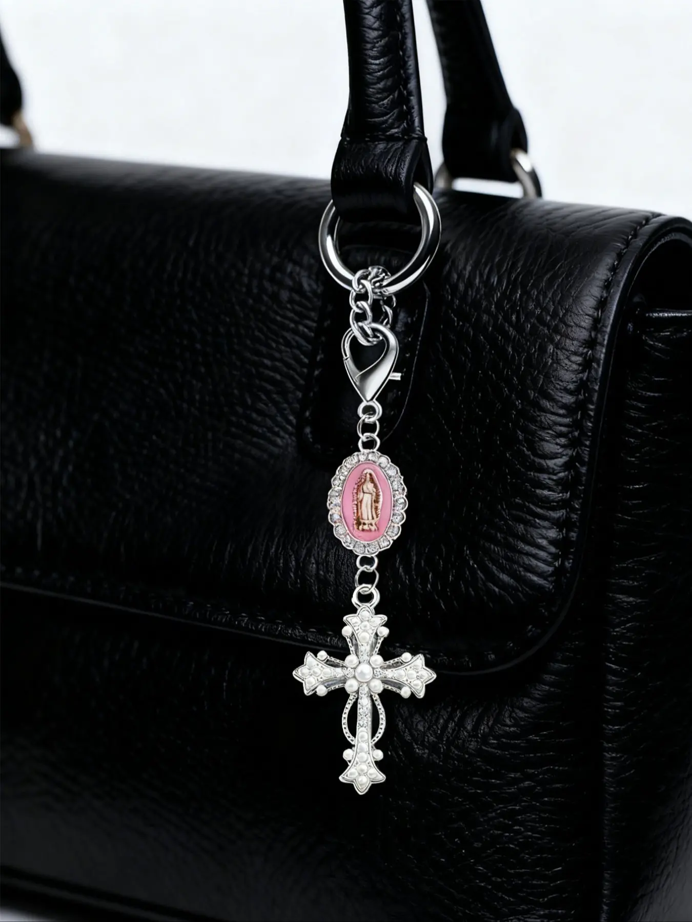 Christian Cross Keychain with Pearl and Diamond Amulet, Religious Pendant, Wallet Backpack Accessory, Valentine's Day Gift, Keychain Accessories, Keychain For Bags