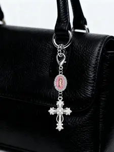 Christian Cross Keychain with Pearl and Diamond Amulet, Religious Pendant, Wallet Backpack Accessory, Stylish Keychain, Valentine's Day Gift