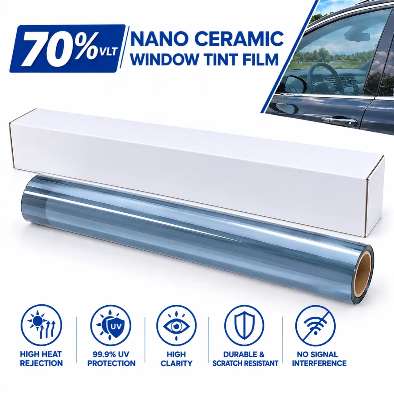 70% VLT Front Windshield Window Tint 40" x 20FT | 99.9% UVR 95% IRR 62% TSER | Legal Heat Control High-End 2-PLY 2-MIL Series - YBC-Auto Pro, Sun Shade Film Car Windshield Sunshade Vehicle Truck Car Sunshade Outside Car
