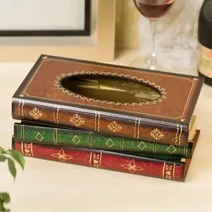 Wooden Vintage Book-Shaped Tissue Box Holder, Classic Style Bookmark Envelope, Paper Towel Folder, Suitable for Home Office Car Kitchen Bathroom