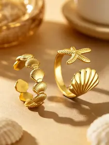 2Pcs Gold Seashell Starfish Open Ring Set for Women, Adjustable Stackable Beach Jewelry, Non-Tarnish Stainless Steel Finger Rings Beautiful Rings for Summer Daily Wear & Beach Vacation Gifts
