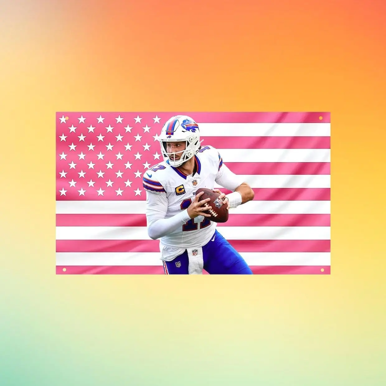 Josh Allen Buffalo Football Flag Wall Tapestry, Quarterback Wall Flag, Pink American Flag Decor