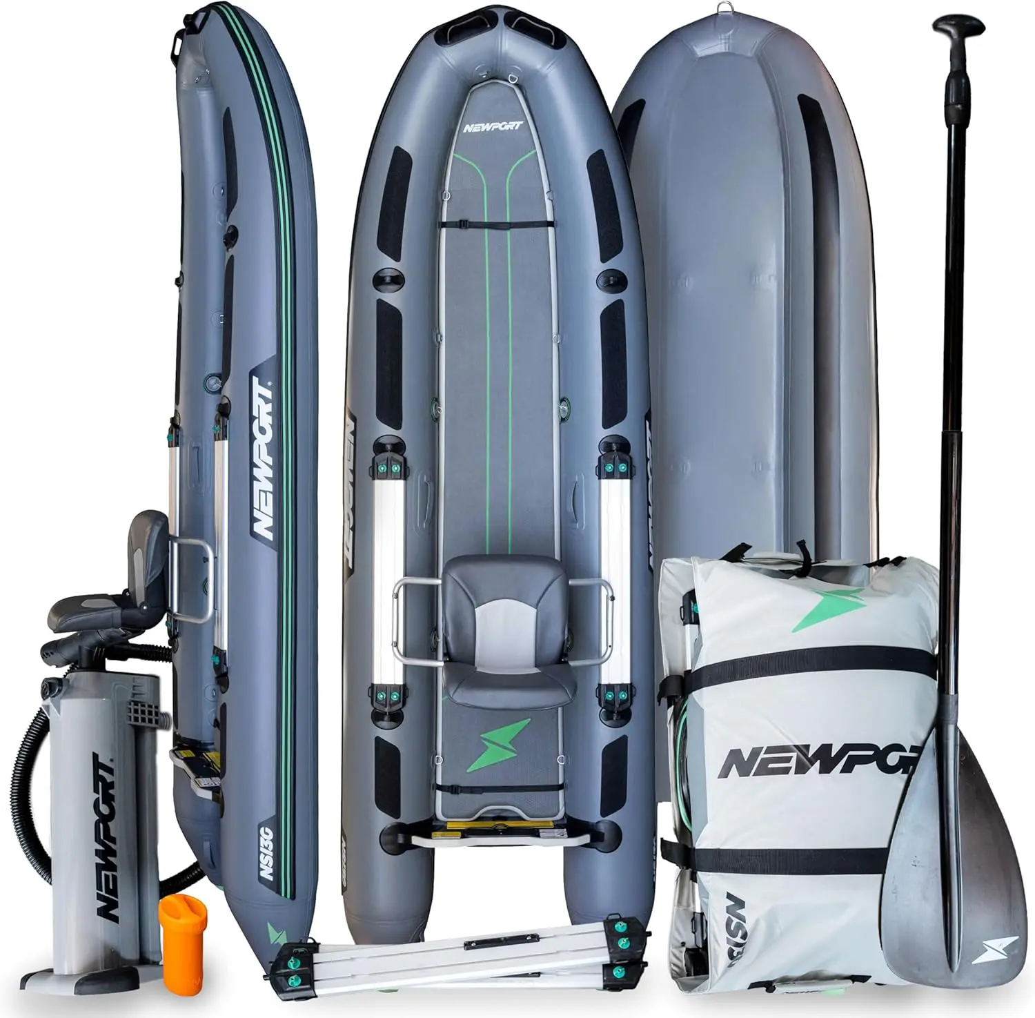 Newport NS130 Inflatable Skiff Boat – 13ft Complete Fishing & Hunting Package | Includes Seat, Track Boards, Rod Rests, Paddle, Pump & Rolling Bag | 6HP Compatible | 1000D PVC Marine Air Floor