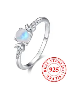 S925 Sterling Silver Moon Design Ring with Artificial Gemstone, Elegant Stackable Wedding Engagement Ring Casual Style Promise Rings, Perfect Gift for Girls（with Box）