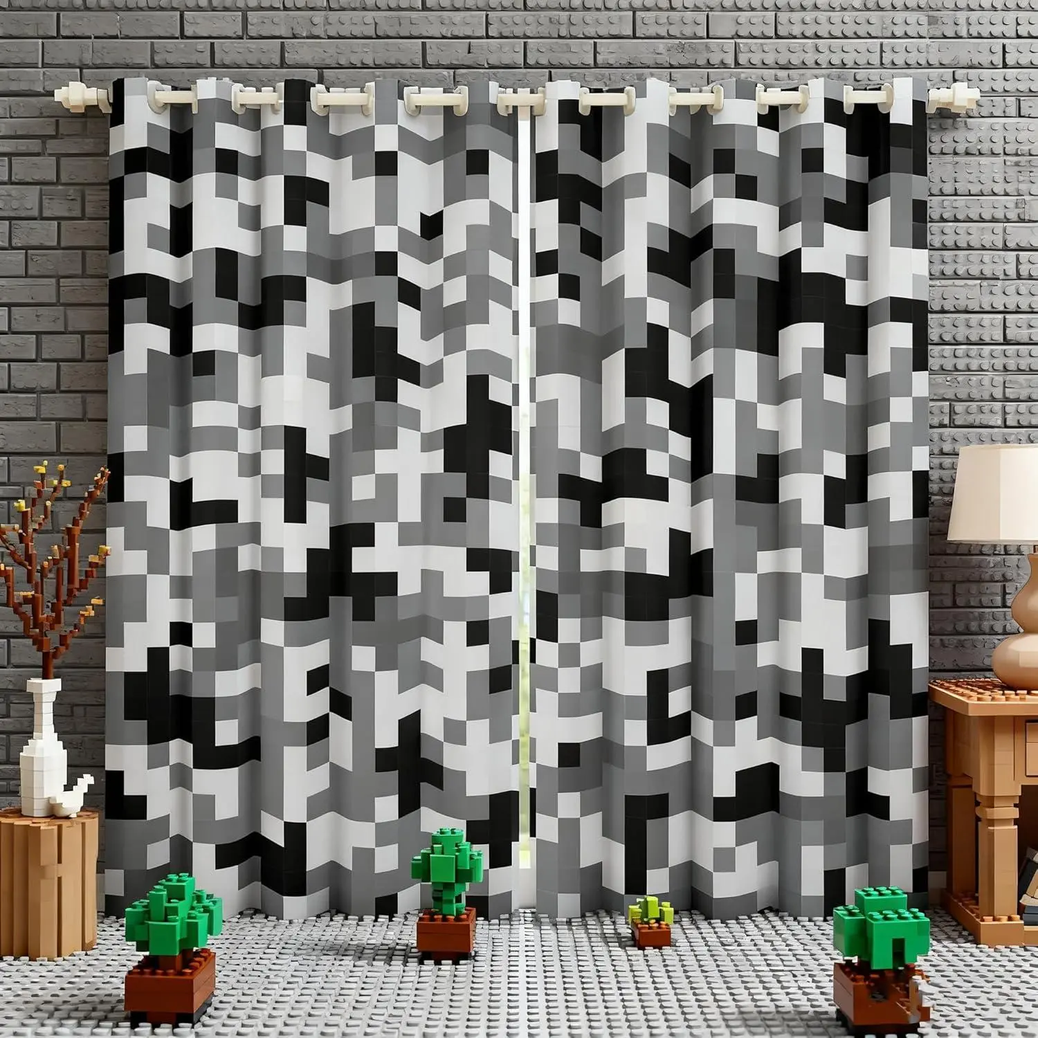 Grey Black Camo Window Curtain,Geometric Pixelated Themed Bedroom Decor Curtains,Boys Teens Modern Camouflage Window Treatment Video Games 30-50% Blackout Drapes 2 Panels