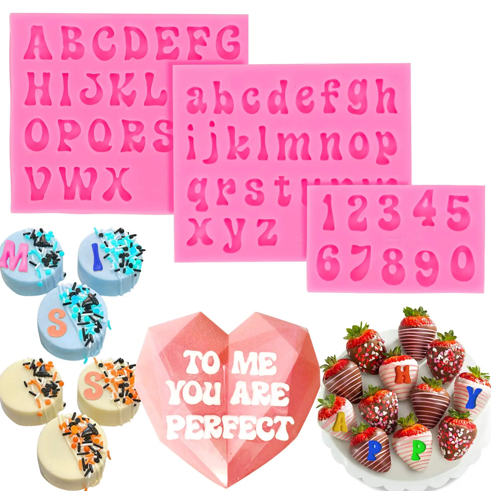 3Packs Letter Molds for Chocolate Covered Strawberries, Silicone Uppercase Lowercase Alphabet Number Fondant Mold for Making Candy, Gummy, Biscuit, Ice Cube Tray, Cake Decorations