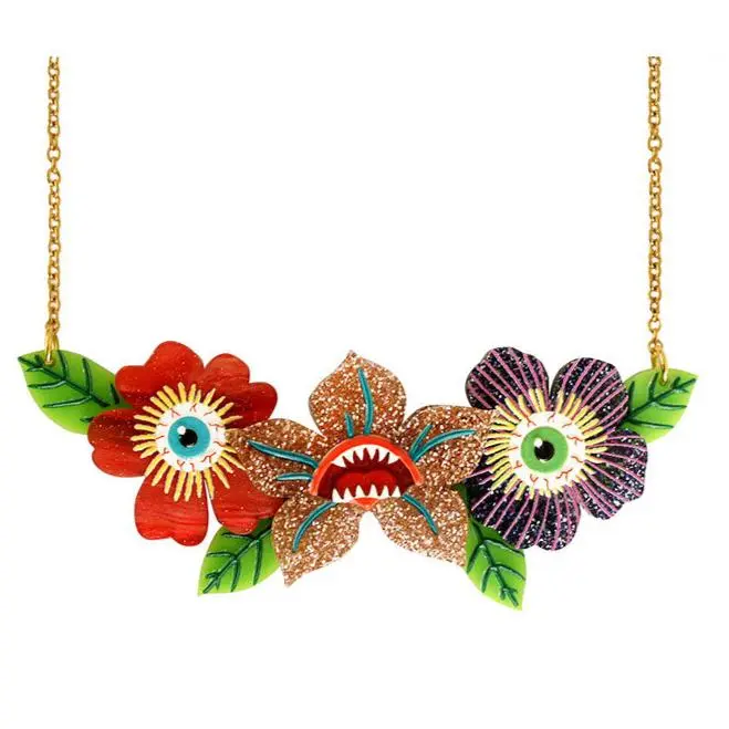 Laliblue Spooky Flowers Necklace with Floral Pendants and Chain, Featuring Red and Purple Flowers and Green Leaves