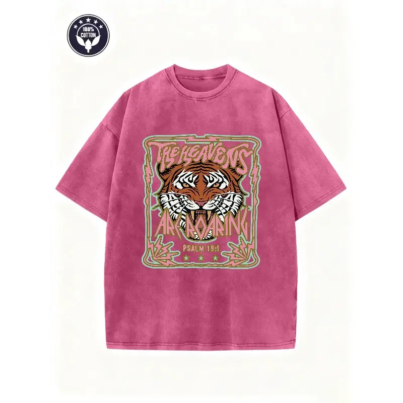 Premium DTG Digital Printing Baggy Breathable Retro Christian T-Shirt, Unisex Vintage Washed Roaring Tiger Psalm 19:1 Graphic Oversized Cotton Street Style Apparel for Men & Women - Menswear Top