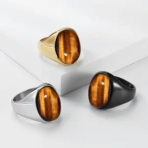 Tiger Eye Stone Oval Ring for Men – Stainless Steel Minimalist Statement Finger Ring, Vintage Streetwear Jewelry, High-End Unisex Band
